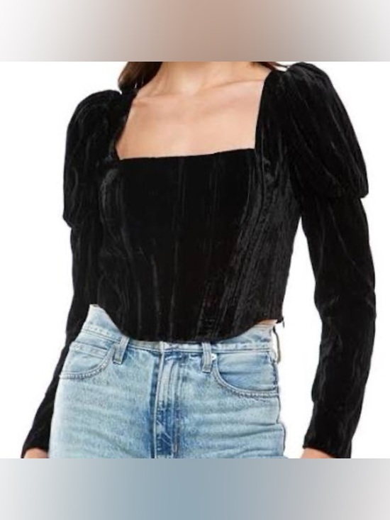 Wayf Tops - Black WAYF Avalon puff sleeve velvet bustier top